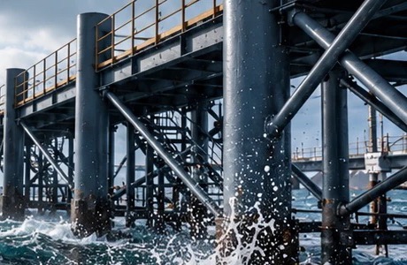 Muelle con estructura metálica expuesta al oleaje